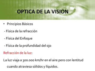 OPTICA DE LA VISION
• Principios Básicos
- Física de la refracción
- Física del Enfoque
- Física de la profundidad del ojo
Refracción de la luz:
La luz viaja a 300.000 km/hr en el aire pero con lentitud
cuando atraviesa sólidos y líquidos.
 