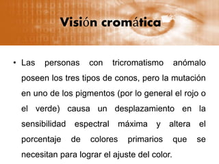 Visión cromática
• Las personas con tricromatismo anómalo
poseen los tres tipos de conos, pero la mutación
en uno de los pigmentos (por lo general el rojo o
el verde) causa un desplazamiento en la
sensibilidad espectral máxima y altera el
porcentaje de colores primarios que se
necesitan para lograr el ajuste del color.
 