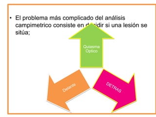 • El problema más complicado del análisis
campimetrico consiste en decidir si una lesión se
sitúa;
Quiasma
Optico
 