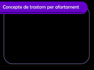 Concepte de trastorn per afartament Com l’anorèxia i la bulímia, el trastorn per afartament es caracteritza per l’adopció de conductes anòmales davant l’alimentació i per la  insatisfacció en relació amb la pròpia imatge corporal. Aquest trastorn es caracteritza per ingerir grans quantitats de menjar, la qual cosa porta com a conseqüència immediata el sobrepès, l’obesitat i tots els riscos associats (diabetis, hipertensió, hipercolesterolèmia, etc..). 