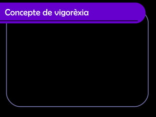 Concepte de vigorèxia   La vigorèxia no esta encara reconeguda com malaltia, però les persones que pateixen aquest trastorn tenen una obsessió per el seu físic. Això els porta a estar matí i tarda al gimnàs, mirant-se a un mirall i mai es senten satisfets amb el seu cos, el seu objectiu es desenvolupar la  seva massa muscular i per això modifiquen la seva alimentació i poden arribar a prendre fàrmacs dopants. Les conseqüències poden ser diverses: fatiga generalitzada, augment del dolor muscular i articular, caiguda de cabells o impotència degut a l'ús de substàncies dopants, etc. També és habitual patir depressió i, fins i tot, malalties de cor i de fetge. 