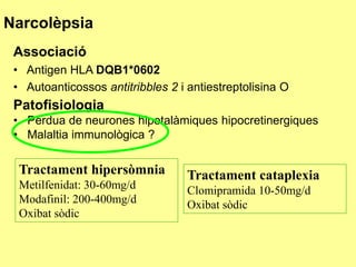 Narcolèpsia
Associació
• Antigen HLA DQB1*0602
• Autoanticossos antitribbles 2 i antiestreptolisina O

Patofisiologia
• Pèrdua de neurones hipotalàmiques hipocretinergiques
• Malaltia immunològica ?

Tractament hipersòmnia
Metilfenidat: 30-60mg/d
Modafinil: 200-400mg/d
Oxibat sòdic

Tractament cataplexia
Clomipramida 10-50mg/d
Oxibat sòdic

 