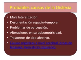 Probables causas de la DislexiaMala lateralizaciónDesorientación espacio-temporalProblemas de percepción.Alteraciones en su psicomotricidad.Trastornos de tipo afectivo.Causas orgánicas a nivel cerebral (áreas de lenguaje, hemisferio izquierdo).