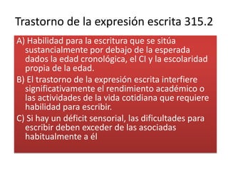 Trastorno de la expresión escrita 315.2A) Habilidad para la escritura que se sitúa sustancialmente por debajo de la esperada dados la edad cronológica, el CI y la escolaridad propia de la edad.B) El trastorno de la expresión escrita interfiere significativamente el rendimiento académico o las actividades de la vida cotidiana que requiere habilidad para escribir.C) Si hay un déficit sensorial, las dificultades para escribir deben exceder de las asociadas habitualmente a él