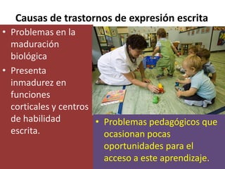 Causas de trastornos de expresión escritaProblemas en la maduración biológicaPresenta inmadurez en funciones corticales y centros de habilidad escrita.Problemas pedagógicos que ocasionan pocas oportunidades para el acceso a este aprendizaje.