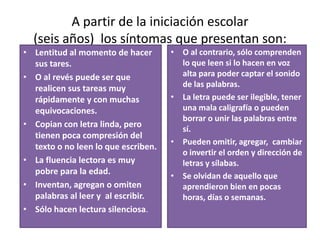 SíntomasSiempre pierden o olvidan sus pertenencias.Cambian bruscamente de humor.Son impulsivos e interrumpen a los demás para hablar.No consiguen hablar si otra persona estuviera hablando al mismo tiempo que ellos.Tienen dificultades visuales aunque un examen de vista no revele ningún problema.Son muy tímidos o desconectados, si se sienten presionados pueden hablar lo opuesto a lo que desean.Algunos llegan a ser deportistas, en cambio otros no logran jugar a la pelota.Confunden derecha con izquierda, abajo – arriba, enfrente – atrás.Se les hace más fácil o sólo son capaces de expresar lo que saben a través del examen oral.Al contrario, puede serles más fácil escribir lo que saben que hablarlo.Tienen una gran imaginación y creatividad.Se desconectan fácilmente de la realidad.Les da dolor de estómago a la hora de ir para la escuela y  pueden tener fiebre alta en días de prueba.Les llama la atención todo por eso no logran concentrar la atención en un sólo estímulo.Poseen baja autoestima, no les gusta ir a la escuela.Siempre esquivan leer, sobre todo en voz alta.Se pierden fácilmente en el espacio y en el tiempo.Cerca del 80 % de los disléxicos tienen dificultad en deletrear y  en lectura.