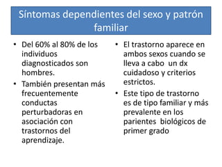 Síntomas dependientes del sexo y patrón familiarDel 60% al 80% de los individuos diagnosticados son hombres.También presentan más frecuentemente conductas perturbadoras en asociación con trastornos del aprendizaje.El trastorno aparece en ambos sexos cuando se lleva a cabo  un dx cuidadoso y criterios estrictos.Este tipo de trastorno es de tipo familiar y más prevalente en los parientes  biológicos de primer grado 