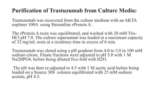 Purification of Trastuzumab from Culture Media:
Trastuzumab was recovered from the culture medium with an AKTA
explorer 100A using Streamline rProtein A .
The rProtein A resin was equilibrated, and washed with 20 mM Tris-
HCl pH 7.0. The culture supernatant was loaded at a maximum capacity
of 32 mg/mL resin at a residence time in excess of 6 min.
Trastuzumab was eluted using a pH gradient from 4.0 to 3.0 in 100 mM
sodium citrate. Eluate fractions were adjusted to pH 5.0 with 1 M
Na2HPO4, before being diluted five-fold with H2O.
The pH was then re-adjusted to 4.5 with 1 M acetic acid before being
loaded on a Source 30S column equilibrated with 25 mM sodium
acetate, pH 4.5.
 
