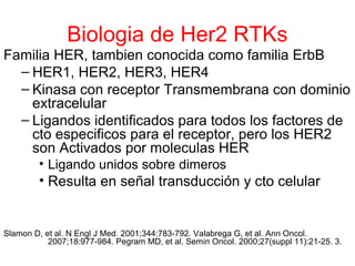 Biologia de Her2 RTKs
Familia HER, tambien conocida como familia ErbB
– HER1, HER2, HER3, HER4
– Kinasa con receptor Transmembrana con dominio
extracelular
– Ligandos identificados para todos los factores de
cto especificos para el receptor, pero los HER2
son Activados por moleculas HER
• Ligando unidos sobre dimeros
• Resulta en señal transducción y cto celular
Slamon D, et al. N Engl J Med. 2001;344:783-792. Valabrega G, et al. Ann Oncol.
2007;18:977-984. Pegram MD, et al. Semin Oncol. 2000;27(suppl 11):21-25. 3.
 