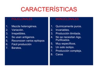 CARACTERÍSTICAS
• POLICLONALES
1. Mezcla heterogénea.
2. Variación.
3. Irrepetibles.
4. Se usan antigenos.
5. Reconocen varios epitopos
6. Fácil producción
7. Baratos.
• MONOCLONALES
1. Químicamente puros.
2. Invariables.
3. Producción ilimitada.
4. No se necesitan Ags.
Purificados.
5. Muy específicos.
6. Un solo isotipo.
7. Producción compleja.
8. Caros
 