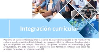 Integración curricular
Posibilita el trabajo interdisciplinario a partir de la problematización de la realidad y la
elaboración de proyectos donde intervienen los contenidos considerados fundamentales,
que se organizan en campos formativos, disciplinas, espacios de aprendizaje y ejes
articuladores. De esta manera, se promueve una formación integral que sitúa los
procesos formativos en el contexto de IES
 