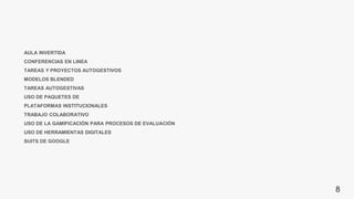 AULA INVERTIDA
CONFERENCIAS EN LINEA
TAREAS Y PROYECTOS AUTOGESTIVOS
MODELOS BLENDED
TAREAS AUTOGESTIVAS
USO DE PAQUETES DE
PLATAFORMAS INSTITUCIONALES
TRABAJO COLABORATIVO
USO DE LA GAMIFICACIÓN PARA PROCESOS DE EVALUACIÓN
USO DE HERRAMIENTAS DIGITALES
SUITS DE GOOGLE
8
 