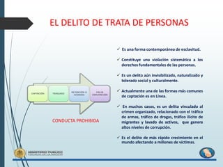 EL DELITO DE TRATA DE PERSONAS
 Es una forma contemporánea de esclavitud.
 Constituye una violación sistemática a los
derechos fundamentales de las personas.
 Es un delito aún invisibilizado, naturalizado y
tolerado social y culturalmente.
 Actualmente una de las formas más comunes
de captación es en Línea.
 En muchos casos, es un delito vinculado al
crimen organizado, relacionado con el tráfico
de armas, tráfico de drogas, tráfico ilícito de
migrantes y lavado de activos, que genera
altos niveles de corrupción.
 Es el delito de más rápido crecimiento en el
mundo afectando a millones de víctimas.
CONDUCTA PROHIBIDA
 