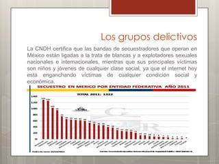 Los grupos delictivos
La CNDH certifica que las bandas de secuestradores que operan en
México están ligadas a la trata de blancas y a explotadores sexuales
nacionales e internacionales, mientras que sus principales víctimas
son niños y jóvenes de cualquier clase social, ya que el internet hoy
está enganchando víctimas de cualquier condición social y
económica.
 
