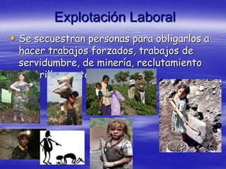 Explotación Laboral
 Se secuestran personas para obligarlos a
  hacer trabajos forzados, trabajos de
  servidumbre, de minería, reclutamiento
  guerrillero, etc...
 