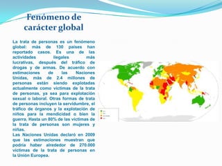 Fenómeno de
     carácter global
La trata de personas es un fenómeno
global: más de 130 países han
reportado casos. Es una de las
actividades         ilegales       más
lucrativas, después del tráfico de
drogas y de armas. De acuerdo con
estimaciones     de     las   Naciones
Unidas, más de 2.4 millones de
personas están siendo explotadas
actualmente como víctimas de la trata
de personas, ya sea para explotación
sexual o laboral. Otras formas de trata
de personas incluyen la servidumbre, el
tráfico de órganos y la explotación de
niños para la mendicidad o bien la
guerra. Hasta un 80% de las víctimas de
la trata de personas son mujeres y
niñas.
Las Naciones Unidas declaró en 2009
que las estimaciones muestran que
podría haber alrededor de 270.000
víctimas de la trata de personas en
la Unión Europea.
 