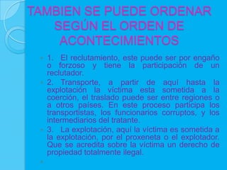 TAMBIEN SE PUEDE ORDENAR
   SEGÚN EL ORDEN DE
    ACONTECIMIENTOS
  1. El reclutamiento, este puede ser por engaño
   o forzoso y tiene la participación de un
   reclutador.
  2. Transporte, a partir de aquí hasta la
   explotación la víctima esta sometida a la
   coerción, el traslado puede ser entre regiones o
   a otros países. En este proceso participa los
   transportistas, los funcionarios corruptos, y los
   intermediarios del tratante.
  3. La explotación, aquí la víctima es sometida a
   la explotación, por el proxeneta o el explotador.
   Que se acredita sobre la víctima un derecho de
   propiedad totalmente ilegal.
 
 