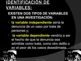 IDENTIFICACIÓN DE
VARIABLES:
  EXISTEN DOS TIPOS DE VARIABLES
   EN UNA INVESTIGACIÓN:
  la variable independiente sería la
   denuncia de un caso por trata de
   personas y;
  la variable dependiente vendría a ser
   el hecho de que la denuncia sea
   admitida como trata, como otro delito o
   en el peor de los casos desestimada.


                   Trata de Personas
 