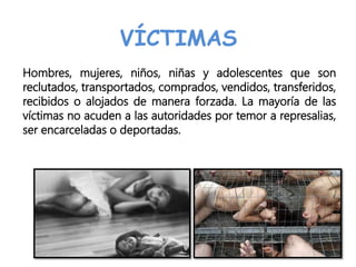 Hombres, mujeres, niños, niñas y adolescentes que son
reclutados, transportados, comprados, vendidos, transferidos,
recibidos o alojados de manera forzada. La mayoría de las
víctimas no acuden a las autoridades por temor a represalias,
ser encarceladas o deportadas.
VÍCTIMAS
 