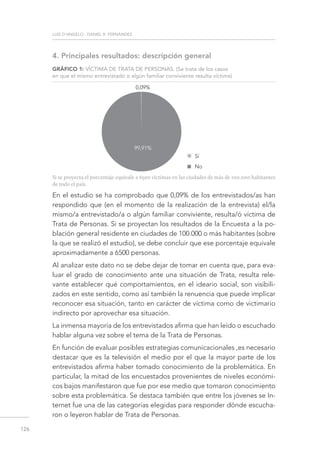 Luis D’Angelo - Daniel R. Fernández
126
4. Principales resultados: descripción general
GRÁFICO 1: VÍCTIMA DE TRATA DE PERSONAS. (Se trata de los casos
en que el mismo entrevistado o algún familiar conviviente resulta víctima)
Si se proyecta el porcentaje equivale a 6500 víctimas en las ciudades de más de 100.000 habitantes
de todo el país.
En el estudio se ha comprobado que 0,09% de los entrevistados/as han
respondido que (en el momento de la realización de la entrevista) el/la
mismo/a entrevistado/a o algún familiar conviviente, resulta/ó víctima de
Trata de Personas. Si se proyectan los resultados de la Encuesta a la po-
blación general residente en ciudades de 100.000 o más habitantes (sobre
la que se realizó el estudio), se debe concluir que ese porcentaje equivale
aproximadamente a 6500 personas.
Al analizar este dato no se debe dejar de tomar en cuenta que, para eva-
luar el grado de conocimiento ante una situación de Trata, resulta rele-
vante establecer qué comportamientos, en el ideario social, son visibili-
zados en este sentido, como así también la renuencia que puede implicar
reconocer esa situación, tanto en carácter de víctima como de victimario
indirecto por aprovechar esa situación.
La inmensa mayoría de los entrevistados afirma que han leído o escuchado
hablar alguna vez sobre el tema de la Trata de Personas.
En función de evaluar posibles estrategias comunicacionales ,es necesario
destacar que es la televisión el medio por el que la mayor parte de los
entrevistados afirma haber tomado conocimiento de la problemática. En
particular, la mitad de los encuestados provenientes de niveles económi-
cos bajos manifestaron que fue por ese medio que tomaron conocimiento
sobre esta problemática. Se destaca también que entre los jóvenes se In-
ternet fue una de las categorías elegidas para responder dónde escucha-
ron o leyeron hablar de Trata de Personas.
Sí
No
0,09%
99,91%
 