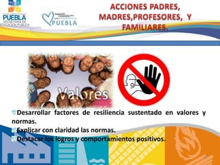 Desarrollar factores de resiliencia sustentado en valores y 
normas. 
Explicar con claridad las normas. 
Destacar los logros y comportamientos positivos. 
25 
 