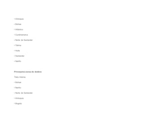 • Antioquia
• Bolívar
• Atlántico
• Cundinamarca
• Norte de Santander
• Tolima
• Huila
• Santander
• Nariño
Principales zonas de destino
Trata Interna:
• Bolívar
• Nariño
• Norte de Santander
• Antioquia
• Bogotá
 