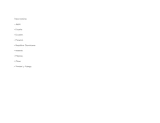 Trata Externa:
• Japón
• España
• Ecuador
• Panamá
• República Dominicana
• Holanda
• Filipinas
• China
• Trinidad y Tobago
 