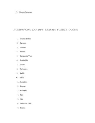 19. Rompe Saraguey
HIERBAS CON LAS QUE TRABAJA FUERTE OGGUN
1. Guama de Río
2. Peregun
3. Anamu
4. Paramí
5. Lengua de Vaca
6. Frailecillo
7. Aroma
8. Salvadera
9. Roble
10. Earza
11. Siguaraya
12. Tengue
13. Malambo
14. Tete
15. Añil
16. Huevo de Toro
17. Tocino
 