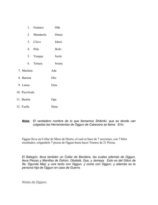 1. Guataca Ode
2. Mandarría Omuo
3. Clavo Isheri
4. Pala Ikelo
5. Yunque Iwele
6. Tenaza Iwana
7. Machete Ada
8. Barreta Ebo
9. Lanza Emu
10. PicoIwale
11. Bastón Opa
12. Fuelle Ifana
Nota: El verdadero nombre de lo que llamamos Shibirikí, que es donde van
colgadas las Herramientas de Oggun de Cabecera se llama: Erín.
Oggun lleva un Collar de Mazo de Hierro, el cual se hace de 7 secciones, con 7 hilos
enzaltados, colgandole 7 piezas de Oggun hasta hacer Tramos de 21 Piezas.
El Balegún, lleva también un Collar de Bandera, las cuales además de Oggun,
lleva Piezas y Manillas de Oshún, Obatalá, Oya, y Jemaya. Esto es del Odun de
Ifa: Ogunda Meji; y vive tanto con Oggun, y come con Oggun, y además es la
persona hija de Oggun en caso de Guerra.
Notas de Oggun:
 