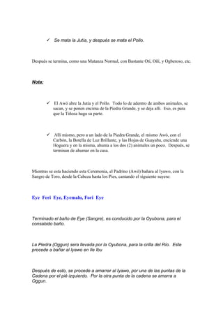  Se mata la Jutía, y después se mata el Pollo.
Después se termina, como una Matanza Normal, con Bastante Otí, Oñí, y Ogberoso, etc.
Nota:
 El Awó abre la Jutía y el Pollo. Todo lo de adentro de ambos animales, se
sacan, y se ponen encima de la Piedra Grande, y se deja allí. Eso, es para
que la Tiñosa haga su parte.
 Allí mismo, pero a un lado de la Piedra Grande, el mismo Awó, con el
Carbón, la Botella de Luz Brillante, y las Hojas de Guayaba, enciende una
Hoguera y en la misma, ahuma a los dos (2) animales un poco. Después, se
terminan de ahumar en la casa.
Mientras se esta haciendo esta Ceremonia, el Padrino (Awó) bañara al Iyawo, con la
Sangre de Toro, desde la Cabeza hasta los Pies, cantando el siguiente suyere:
Eye Feri Eye, Eyemalu, Fori Eye
Terminado el baño de Eye (Sangre), es conducido por la Oyubona, para el
consabido baño.
La Piedra (Oggun) sera llevada por la Oyubona, para la orilla del Río. Este
procede a bañar al Iyawo en Ile Ibu
Después de esto, se procede a amarrar al Iyawo, por una de las puntas de la
Cadena por el pié izquierdo. Por la otra punta de la cadena se amarra a
Oggun.
 