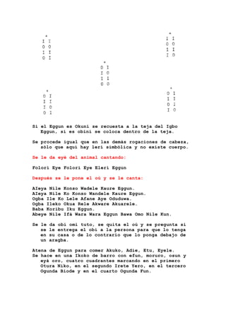 Si el Eggun es Okuní se recuesta a la teja del Igbo
Eggun, si es obiní se coloca dentro de la teja.
Se procede igual que en las demás rogaciones de cabeza,
sólo que aquí hay lerí simbólica y no existe cuerpo.
Se le da eyé del animal cantando:
Folori Eye Folori Eye Eleri Eggun
Después se le pone el oú y se le canta:
AIeya Nile Konso Wadele Kaure Eggun.
AIeya Nile Ko Konso Wandele Kaure Eggun.
Ogba Ile Ko Lele Afane Aye Oduduwa.
Ogba Ileko Okua Rele Akware Akuarele.
Baba Koribu Iku Eggun.
Abeye Nile Ifá Wara Wara Eggun Bawa Omo Nile Kun.
Se le da obi omi tuto, se quita el oú y se pregunta si
se le entrega el obi a la persona para que lo tenga
en su casa o de lo contrario que lo ponga debajo de
un aragba.
Atena de Eggun para comer Akuko, Adie, Etu, Eyele.
Se hace en una Ikoko de barro con efun, moruro, osun y
eyá oro, cuatro cuadrantes marcando en el primero
Otura Niko, en el segundo Irete Yero, en el tercero
Ogunda Biode y en el cuarto Ogunda Fun.
 