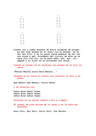 Cuando van a comer algunos de éstos animales de plumas,
se dan tres golpes en el suelo con el pashan, se da
obí omí tuto, y se le ponen nueve pedazos de obi con
una ataré y epó. Alrededor del círculo de efún se le
hace otro con oñí, se le pone ashá, ekú, eyá, oti,
agbadó y al final se le encienden dos velas.
Cuando al animal se le arrancan las plumas de la lerí se
canta:
"Ñakiña Ñakiña Lorun Bara Ñakiña..."
Después se le corta el cuello sin cortarle la lerí y se
canta:
Eye Mankio Eye Mankio, Onire Odara…
Y se finaliza con:
Dekun Eran Dekun Unyen
Dekun Eran Dekun Unyen
Dekun Eran Dekun Unyen
Entonces se le cantan súyere a Oro y a Eggun.
El animal se pone encima de la ikoko y se le echa omi
diciendo:
Arun Unlo, Eyo Unlo, Onilu Unlo, Ona Buruku...
 