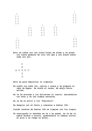 Esto se cubre con las siete hojas de álamo y se ponen
los nueve pedazos de coco con epó y una ataré sobre
cada uno así:
Esto es para depositar la limpieza.
Se atefá con ashé ina, ceniza o arena y se prepara el
igbo de Eggun. Se atefá al revés, de abajo hacia
arriba.
Se le da entrada a los dolientes al cuarto, marcándolos
con efún y se les ordena sentarse.
Se le da el pollo a los "Guerreros".
Se despoja con el Osain y comienza a hablar Ifá.
Cuando termina de hablar Ifá se limpian con los trapos.
Ya averiguado si Awofaka se va o se queda, se le da la
addie dundun a Orunla, quebrándole la cabeza contra
el piso y se rompe un plato.
 