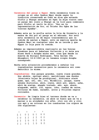 Ceremonia del pargo a Eggun :Esta ceremonia tiene su
origen en el odun Oyekun Meyi donde según la
tradición conservada en Cuba se dice que estando
Olofin y Shangó sentados en Ogdi La Aiye vieron caer
un pargo del cielo y Shangó se le tiró para comérselo
pero Olofin al verlo le dijo: "Eso es la
representación de Oro, el Orisha Iku Ogba de las
tierras Ayamba”.
Además esta es la porfía entre la hija de Orunmila y la
madre de Ikú por el pargo en el mercado. Por esto
esta ceremonia es de mayor trascendencia que la
comida de agutan a Eggun, esto se explica aparte de
Oyekun Meyi en cualquier odun de un osorde y que
Eggun lo coja para su comida.
Además es imprescindible realizarlo en las honras
fúnebres para el babalawo fallecido y si éste era
Alawo Bare o Aragba mucho más, cosa que desde la
muerte de Eulogio Rodríguez, Tata Gaitán Ifá
Akuagborí 14-4-1943 ya no tenemos ningún Aragba
consagrado.
Hecha esta aclaración procederemos a señalar los
ingredientes necesarios para la ceremonia así como
describir la misma.
Ingredientes: Dos pargos grandes, nueve itaná grandes,
dos akukós, opolopo añarí, meridilogun ewe dundun
(dieciséis hojas de prodigiosa), dieciséis ataré
gumá, epó, oñí, obí, otí, Mirábilis, jalapa, nueve
adimús distintos, ekrú, olele, ekrú aró, adalú, ashe,
ekrú de acelga, abagdo tostado, ekú, eyá, akará,
eleguedé, amalá, ilá, agura, ishu, ruedas de carne,
frituras de ñame, saraeko, arroz y frijoles negros
cocinados.
Ceremonia: Se limpia bien el terreno donde se va a
celebrar la ceremonia, se abre un hueco que se va a
marcar a su alrededor con efún, otro con oñí y otro
con epó y se colocan en los cuadrantes los signos de
Ifá siguientes:
 