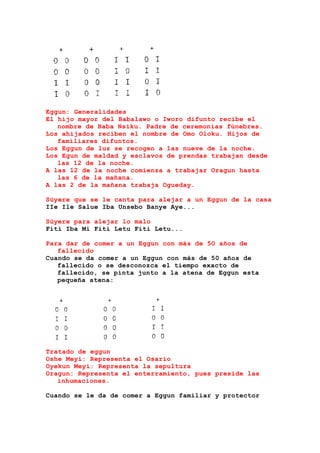 Eggun: Generalidades
El hijo mayor del Babalawo o Iworo difunto recibe el
nombre de Baba Nsiku. Padre de ceremonias fúnebres.
Los ahijados reciben el nombre de Omo Oloku. Hijos de
familiares difuntos.
Los Eggun de luz se recogen a las nueve de la noche.
Los Egun de maldad y esclavos de prendas trabajan desde
las 12 de la noche.
A las 12 de la noche comienza a trabajar Oragun hasta
las 6 de la mañana.
A las 2 de la mañana trabaja Ogueday.
Súyere que se le canta para alejar a un Eggun de la casa
IIe Ile Salue Iba Unsebo Banye Aye...
Súyere para alejar lo malo
Fiti Iba Mi Fiti Letu Fiti Letu...
Para dar de comer a un Eggun con más de 5O años de
fallecido
Cuando se da comer a un Eggun con más de 50 años de
fallecido o se desconozca el tiempo exacto de
fallecido, se pinta junto a la atena de Eggun esta
pequeña atena:
Tratado de eggun
Oshe Meyi: Representa el Osario
Oyekun Meyi: Representa la sepultura
Oragun: Representa el enterramiento, pues preside las
inhumaciones.
Cuando se le da de comer a Eggun familiar y protector
 