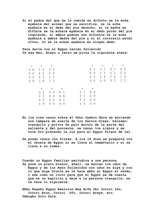Si el padre del que da la comida es difunto se le echa
eyebale del animal que se sacrifica, se le echa
eyebale en el dedo del pie derecho, si la madre es
difunta se le echará eyebale en el dedo gordo del pie
izquierdo, si ambos padres son difuntos se le echa
eyebale a ambos dedos del pie y si al contrario están
vivos, no se le echan eyebale en ningún dedo.
Para darle luz al Eggun recién fallecido
Ya sea Awo, Aleyo o Iworo se pinta la siguiente atena:
En los tres casos sobre el Odun Oyekun Bara se enciende
una lámpara de aceite de los Santos Oleas, bálsamo-
tranquilo y polvos de palo moruro de la parte del
saliente y del poniente, se rezan los signos y se
toca Oro pidiendo la luz para el Eggun fulano de tal.
Se ponen vasos con flores. A los 16 días se pregunta con
el okuele de Eggun si se lleva al cementerio o si se
lleva a su tumba.
Cuando un Eggun familiar perjudica a una persona
Se pone un plato blanco, añarí, se marcan los odun de
Eggun y de los Awós fallecidos con odun en aiye y con
lo que diga Orunla se le hace ebbó al Eggun al revés,
o sea como un ituto para que el Eggun se dé cuenta
que es un espíritu y deje a la persona tranquila; se
le reza lo siguiente:
Ebbo Kayeku Eggun Awalorun Awa Bife Obi Intori Iku,
Intori Arun, Intori Ofo, Intori Araye, etc.
Umbogbo Solo Sale.
 