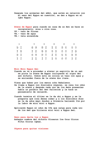 Después los animales del ebbó, que están en relación con
el sexo del Eggun en cuestión, se dan a Eggun en el
lgbo Eggun.
Atena de Eggun para cuando en casa de un Awo se hace un
recogimiento, misa u otra cosa.
VF.- vaso de flores
VA.- vaso de agua
VE.- vela encendida
Mini Mini Eggun Awo
Cuando se va a proceder a elevar un espíritu de un awó
se pinta la atena de Eggun incluyendo el signo del
awó difunto. Sobre esto se coloca un vaso con agua y
se encienden fuera de la atena dos itana.
Tiene que haber por los menos ocho Babalawos.
Se llama a Eggun con dieciséis súyeres, se reza los odun
de la atena y después cada uno de los Awós presentes
habla un patakín del Awó fallecido y le hace un
pensamiento de recuerdo.
Cuando termina el último se la da obi a Eggun y se le
pregunta qué cosa desea comer y a los dieciséis días
se le da adíe meyí dundun a Orunmila haciendo Itá por
la labor de mini mini a Eggun.
Aplicando Eggun el odun de Ifá que salga para cada uno
de los Awó que hicieron mini mini a Eggun Awó.
Rezo para darle luz a Eggun
Ashegun nombre del difunto Oloserun Ire Orun Olorun
Fifun Olorun Igbae.
Súyere para quitar visiones
 