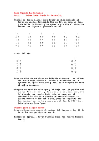 Labe Oguede La Bereunlo
Coro: Igbae Labe Guede La Bereunlo.
Cuando se desea llamar para trabajar directamente al
Eggun de un Awó fallecido Oba de Ifá se pela un ñame
y se le da un hervor y se aplasta y sobre el mismo se
marcan los signos siguientes de Ifá:
Signo del Awó
Este se pone en un plato al lado de Orunmila y se le dan
las addie meyi dundun a Orunmila, echándole de la
eyebale al ogura ishu del plato, esto después se saca
al sol a secarse.
Después de seco se hace iyé y se deja con los polvos del
cuerpo de un arriero y de un cao, sino puede ser, ara
jujú puede ser igual. Esto todo se pasa por el
tablero y se usa para guerra de Awó Oba cuando lo
quiere vencer o dominar a uno, pues el espíritu del
Oba homenajeado va la guerra con el Oba de Ifá vivo.
Esto nace en Oshe Yeku.
Súyere para alejar Eggun
Esto se hace conociendo el nombre del Eggun, a las 12 de
la noche con pelotas de amalá.
Nombre de Eggun... Eggun Olekulu Baya Ole Delewe Mesire
Aye...
 