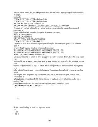 fufu de ñame, amala, ilá, etc. Después se le da obi omi tuto a egun y después se le sacrifica
la ayapa,
cantando:
EGUN KUSI TULA AYAPA Fulano de tal
EGUN KUSI TULA AYAPA Fulano de tal
AYAPA AYAPA EGUN Fulano de tal
AYAPA AYAPA OLORUN AYAPA EGUN AYAPA KUANKONEO
Echando la eyerbale sobre al teja y sobre la atena cubiera de añari, cuando se pone el
cuerpo de la
ayapa sobre la añari, enter los dos palos de moruto, se canta:
AURORA WARAREO
AURORA WARAREO
AYAPA EGUN AURORA WARAREO
EGUN KUSI TULA AYAPA EGUN
Después se le da akuko con su suyere y las dos eyele con su suyere igual. Se le cantan a
egun 9
suyeres de elevación, siendo el priemro el sigueinte:
IKU ORUN LANEO AKUAEGDE AKUAEGDE ADEDE LEO
IKU ORUN LANEO AKUAEGDE AKUAEGDE ADEDE LEO
IGBAYE IGBAYE TONU fulano de tal.
Los akuko se asn y se untan en epo, las eyeles se asan y se untan de ori. Los iñales se sacan
y se
sazonan bien y se poenn en un plato, que se pone junto a la ayapa sobre los aplos de moruro
y en
unpalto se ponen sobre al teja. Al tercer día se recoge todo, se envuelve en un papel grade,
se le
echa juju de los animales y rasura de la ayapa. Entonces se hace ebo de egun y se manda a
pie de
una aragba. Para preguntar hay dos formas, una con el opkuele ade egun, que se hace
concáscara de
igba (güira) y otra utilizando 16 chinas pelona sy atefando sob re añari fina. Ashe ina o
ceniza. Esta
esuna bora muy fuerte, tan grande como darle de comer una abo a egun
CEREMONIAS DE EKU A EGUN
131
55.
Se hace un círculo y se marca la siguente atena:
+ +
I I 0 0
I 0 0 0
106
 