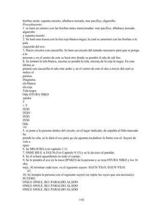 hierbas serán: espanta meurto, albahaca morada, mar pacífico, algarrobo.
Procedimiento:
1. se hará un omiero con las hierbas antes mencionadas: mar pacifico, albahaca morada,
algarrobo
y espanta muerto.
2. Se hará una trensa con la tira roja-blanca-negra, la cual se amarrará con las hierbas a la
pata
izquierda del ave.
3. Hacer círculos con cascarilla. Se hara un círculo del tamaño necesario para que se ponga
a la
persoan y en el centro de este se hará otro donde se pondrá el odu de odi fun.
4. Se tomará la tela blanca, encima se pondrá la tela, encima de la roja la negra. En esta
última se
pintará con cascarilla el odu otur aniko y en el centro de este el oku a través del cual se
indico el
paraíso.
Diagrama.
ela blanca
ela roja
Tela negra
Odu OTURA NIKO
salidor
T
+ T
IXXI
IXX0
IXXI
IXXI
Odu
142
5. se pone a la persona dentro del círculo, en el lugar indicado, de espalda al Odu marcado.
Se
prende la vela, se le dará el ave para qu ela aguante,tocándose la fretne con el. Suyere de
vela a
egun.
6. Se MO-JUBA (ver capítulo 1.1)
7. OSHE BILE A EGUN (Ver Capítulo 9.15) y se le da coco al paraldo.
8. Se el echará aguardiente en todo el cuerpo.
9. Se le pondrá el ave en la nuca (IPAKO) de la persoan y se reza OTURA NIKO y los 16
oku
meji. Al terminar cada rezo, va el siguiente suyere: EGUN YILO, EGUN YILO.
67.
10. Se leimpia la persona con el siguiente suyere (se repite las veces que sea necesario)
SUYERE:
ONILE ONILE, IKU PARALDO ALADO
ONILE ONILE, IKU PARALDO ALADO
ONILE ONILE, IKU PARALDO ALADO
118
 