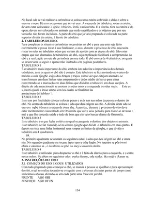 No local ode se vai realizar a cerimônia se coloca uma esteira cobrindo o chão e sobre a
mesma o opon Ifa com o yerosun que se vai usar. A esquerda do tabuleiro, sobre a esteira,
devem estar colocados: o opélé, 4 búzios, irofá, vassourinha. E a direita, fora da esteira e do
opon; devem ser colocados os animais que serão sacrificados e os objetos que por seu
tamanho não foram incluídos. A parte do ebó que já veio preparada é colocada na parte
superior direita da esteira, à frente do tabuleiro.
2. TABULEIROS DE EBO.
Para completar os rituais e cerimônias necessárias ao ebó e para que este seja feito
corretamente e possa levar à sua finalidade, o awo, durante o processo de ebó, necessita
riscar os odus no tabuleiro, odus que variam de acordo com as etapas do ebó. São estas
etapas que são chamadas de tabuleiros do ebó, cuja explicação facilitará a compreensão do
ebó e a realização correta da cerimônia em seu todo. O ebó consta de 4 tabuleiros, os quais
se descrevem a seguir e aparecerão ilustrados em páginas posteriores.
TABULEIRO 1
É o tabuleiro mais importante do ebó, embora isto não tire a importância dos demais
tabuleiros, sem os quais o ebó não é correto. Este tabuleiro se faz anotando no centro do
mesmo o odu ejiogbe, cujos dois braços ( traços ) uma vez que estejam anotados se
transformam em duas linhas retas empurrando o dedo médio de baixo para cima
convertendo-se a marcação em duas linhas que dividem o tabuleiro em duas secções. A
direita do odu mencionado se anotam os odus omos e a esquerda os odus mejis. Este es
s, iwori ojuani e iroso umbo, con los cuales se finalizan las
anotacioens del tablero 1.
TABULEIRO 2
Este tem por finalidade colocar colocar penas e axés nas nas mãos da pessoa e dentro do
ebó. No centro do tabuleiro se coloca o odu que deu origem ao ebo. A direita deste odu se
escreve ogbe irósun e a esquerda otura she. A pessoa,, durante o processo do ebo deve
estar mentalmente concentrado em Orunmila que ouve seus pedidos para livrar-se de todo o
mal e que lhe conceda saúde e tudo de bom que ele veio buscar diante de Orunmila.
TABULEIRO 3
Este tabuleiro é o que fecha o ebó e no qual se pergunta o destino dos objetos e animais.
Este tabuleiro se faz riscando-se no centro ejiogbe que divide o tabuleiro em duas partes. E
depois se risca uma linha horizontal sem romper as linhas de ejiogbe, o que divide o
tabuleiro em 4 quadrantes.
84.
No primeiro quadrante se anotam os seguintes odus: o odu que deu origem ao ebó e otura
she. No segundo quadrante se riscam: irete yero e oshe logbe. No terceiro se põe iwori
obara e okanran sa , e no último se põe ika meji e owonrin shobe.
TABULEIRO 4
Este tabuleiro é utilizado para despachar o ebó e é feito da direita para a esquerda, e o cntro
nesta ordem. Se põem os seguintes odus: oyeku funmo, odu saidor, ika meji e okaran sa.
3. INSTRUÇÕES DO EBO
3.1. COMEÇO DO EBO E ODUS UTILIZADOS
Com tudo preparado para começar o ebó, se manda a pessoa se ajoelhar e para apresentação
do ebó, o uel se realiza tocando-se o sugeito com o ebo nas distintas partes do corpo como
indicamais abaixo, dizendo-se em cada parte uma frase em yorubá.
FRENTE AGO ORI
PESCOÇO AGO OFUN
134
 