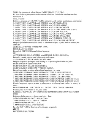 NOTA: las palomas de odu se llaman EYELE ELODE EFUN ODU.
La mesa de ita se pueden cantar siete cantos solamente. Cuando los babalawos se han
sentado en la
mesa, se canta:
Entonces, antes de servir la APETEVI los alimentos, se le canta a la entrada de cada fuente:
1. AGBAYE IFA IFA IFANILAYE APETEBI MAFUN AKARA PAN
2. AGBAYE IFA IFA IFANILAYE APETEBI MAFUN IRES ARROZ
3. AGBAYE IFA IFA IFANILAYE APETEBI MAFUN ERAN CARNES
4. AGBAYE IFA IFA IFANILAYE APETEBI MAFUN GBOGBO ERE FRIJOLES
5. AGBAYE IFA IFA IFANILAYE APETEBI MAFUN EJA PESCADO
6. AGBAYE IFA IFA IFANILAYE APETEBI MAFUN OTI PUPUA VINO
7. AGBAYE IFA IFA IFANILAYE APETEBI MAFUN EFO ENSALADA
8. AGBAYE IFA IFA IFANILAYE APETEBI MAFUN TELEDUN DULCE
9. AGBAYE IFA IFA IFANILAYE APETEBI MAFUN LAWARAKASI QUESO
Después que se ha terminado de comer se retira todo se pasa el plato para las sobras, por
orden de
edad (OJUANI SHOBE Y OTRUPON NAO).
FESHUBAO FESHUBAO
Después la APETERBI lleva el plato a la puerta:
225
AYANKOLOKO KOLO APETEBI MAYEUN ILE IRE IGA IRE LONA
Después , cuando regresa cone lplato vacío, se le canta:
APETEBI IWA KUELE KATETAN KAYEMINI
Después se pone la palangana en la mesa y se va pasando por el orden del plato.
OMIWA OMIWA OSHUN OMIWA
OMIWA OMIWA ADADE OSUN OMIWA
OMIWA OMIWA ABEBEOMI IYALODE OMIWA.
Después que todos terminan, ella se lleva la palanga y se canta:
1- SHENSHE NILEO SHENSHE NILEO APETEBI ILE SHENSHE NILEO
2- SHENSHE NILEO SHENSHE NILEO APETEBI FIFO UNYEN SHENSHE
3- SHENSHE NILEO SHENSHE NILEO APETEBI IBU LOSA SHENSHE
4- SHENSHE NILEO SHENSHE NILEO APETEBI UMWALOYE SHENSHE NILEO
5- SHENSHE NILEO SHENSHE NILEO APETEBI UMWALOYE SHENSHE NILEO
Cuando la apeterbi regresa, sepone la palangana en la cabeza y le da vuelta a la mesa, y se
canta:
OSHUN MALEWE LELE OSHUN MALEWE LELE ENI OSHUN ENIMIWA.
Cuando pone el owo frente al oba, este canta:
KAYEREO OLOWADO KAYEREO OLOWADO KOBALORUN OTA OBAYEREO
OWO
Entonces el oba restrega el dinero en el piso y dice:
1- MANO DERECHA OWO LAYENI OWO
2- MANO IZQUIERDA OWO LAYENI IFA
3- MANO DERECHA OWO LELE
4- MANO IZQUIERDA OWO MAFUN
Le echa OMI TUTO al dinero y se lo entrega a la apeterbi.
IYOYE
ORDEN CRONOLOGICO.
186
 