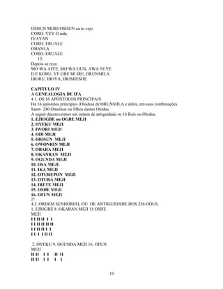 OSHUN MORI OSHUN eu te vejo
CORO: YEY O mãe
IYAYAN
CORO: ERUALE
OBANLA
CORO: ERUALE
13.
Depois se reza:
MO WA AIYE, MO WA GUN, AWA NI YE
ILE KOBU, YE GBE MI IRE, ORUNMILA
IBORU, IBOYA, IBOSHESHE
CAPITULO IV
A GENEALOGIA DE IFA
4.1. OS 16 APÓSTOLOS PRINCIPAIS
Há 16 apóstolos principais (Olodus) de ORUNMILA e deles, em suas combinações
Saem 240 Omoluos ou filhos destes Olodus.
A seguir descrevermos em ordem de antiguidade os 16 Reis ou Olodus.
1. EJIOGBE ou OGBE MEJI
2. OYEKU MEJI
3. IWORI MEJI
4. ODI MEJI
5. IROSUN MEJI
6. OWONRIN MEJI
7. OBARA MEJI
8. OKANRAN MEJI
9. OGUNDA MEJI
10. OSA MEJI
11. IKA MEJI
12. OTURUPON MEJI
13. OTURA MEJI
14. IRETE MEJI
15. OSHE MEJI
16. OFUN MEJI
27
4.2. ORDEM SENHORIAL OU DE ANTIGUIDADE DOS 256 ODUS.
1. EJIOGBE 8. OKARAN MEJI 15.OSHE
MEJI
I I II II I I
I I II II II II
I I II II I I
I I I I II II
2. OYEKU 9. OGUNDA MEJI 16. OFUN
MEJI
II II I I II II
II II I I I I
19
 