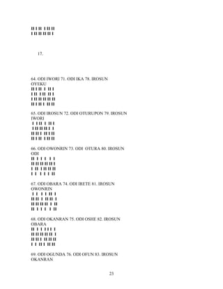 II I II I II II
I II II II II I
17.
64. ODI IWORI 71. ODI IKA 78. IROSUN
OYEKU
II I II I II I
I II I II II I
I II II II II II
II I II I II II
65. ODI IROSUN 72. ODI OTURUPON 79. IROSUN
IWORI
I I II I II I
I II II II I I
II II I II I II
II I II I II II
66. ODI OWONRIN 73. ODI OTURA 80. IROSUN
ODI
II I I I I I
II II II II II I
I II I II II II
I I I I I II
67. ODI OBARA 74. ODI IRETE 81. IROSUN
OWONRIN
I I I I II I
II II I II II I
II II II II I II
II I I I I II
68. ODI OKANRAN 75. ODI OSHE 82. IROSUN
OBARA
II I I I I I I
II II II II II I
II II I II II II
I I II I II II
69. ODI OGUNDA 76. ODI OFUN 83. IROSUN
OKANRAN
23
 
