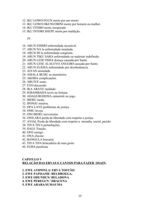 12. IKU LOWO EGUN morte por um morto.
13. IKU LOWO OKUNI/OBINI morte por homem ou mulher.
14. IKU FITIBO morte inesperada
15. IKU INTORI SHEPE morte por maldição.
29.
16. ARUN EDIMO enfermidade incurável.
17. ARUN NA la enfermidade instalada.
18. ARUN DI la enfermidade congénita.
19. ARUN TIKU SARA enfermidade ou malestar indefinido.
20. ARUN LESE OSHA doença causada por Santo.
21. ARUN LESE ALALEYO ANUGBO causada por Santo.
22. ARUN ELIOSA enfermidade por desobediencia.
23. AIYAN ansiedade
24. AMALA BUDU os murmúrios.
25. AKOBA complicações.
26. ARUIYE susto.
27. EYO discussão.
28. IKA ARAYE maldade.
29. IGBAMBADA revés na fortuna.
30. ADAGUROJIONA catástrofe no jogo.
31. IBERU medo.
32. IPONJU miséria.
33. OPA LAYE problemas de justiça.
34. OMU inveja.
35. ONI IBERU nervosismo
36. ONILARA perda da liberdade com respeito a justiça.
37. AVIAL Perda da liberdade com respeito a moradia, social, paixão.
38. TIYA TIYA perturbações.
39. DALE Traição.
40. OFO castigo.
41. ONA chicote.
42. BANGULA bruxaria.
43. TIYA TIJA brincadeira de mau gosto
44. EGBA paralisias
CAPITULO V
RELAÇÃO DAS ERVAS E CANTOS PARA FAZER OSAIN.
1. EWE ATIPONLA/ ERVA TOSTÃO
2. EWE PAPISAME /BELDROEGA.
3. EWE ODUNDUN/ BELADONA
4. EWE PEREGUN / DRACENA
5. EWE ARABA/SUMAUMA
35
 