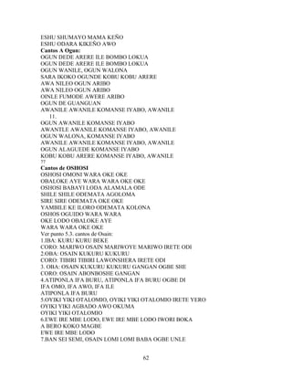 ESHU SHUMAYO MAMA KEÑO
ESHU ODARA KIKEÑO AWO
Cantos A Ogun:
OGUN DEDE ARERE ILE BOMBO LOKUA
OGUN DEDE ARERE ILE BOMBO LOKUA
OGUN WANILE, OGUN WALONA
SARA IKOKO OGUNDE KOBU KOBU ARERE
AWA NILEO OGUN ARIBO
AWA NILEO OGUN ARIBO
OINLE FUMODE AWERE ARIBO
OGUN DE GUANGUAN
AWANILE AWANILE KOMANSE IYABO, AWANILE
11.
OGUN AWANILE KOMANSE IYABO
AWANTLE AWANILE KOMANSE IYABO, AWANILE
OGUN WALONA, KOMANSE IYABO
AWANILE AWANILE KOMANSE IYABO, AWANILE
OGUN ALAGUEDE KOMANSE IYABO
KOBU KOBU ARERE KOMANSE IYABO, AWANILE
77
Cantos de OSHOSI
OSHOSI OMONI WARA OKE OKE
OBALOKE AYE WARA WARA OKE OKE
OSHOSI BABAYI LODA ALAMALA ODE
SHILE SHILE ODEMATA AGOLOMA
SIRE SIRE ODEMATA OKE OKE
YAMBILE KE ILORO ODEMATA KOLONA
OSHOS OGUIDO WARA WARA
OKE LODO OBALOKE AYE
WARA WARA OKE OKE
Ver punto 5.3. cantos de Osain:
1.IBA: KURU KURU BEKE
CORO: MARIWO OSAIN MARIWOYE MARIWO IRETE ODI
2.OBA: OSAIN KUKURU KUKURU
CORO: TIBIRI TIBIRI LAWONSHERA IRETE ODI
3. OBA: OSAIN KUKURU KUKURU GANGAN OGBE SHE
CORO: OSAIN ABONBOSHE GANGAN
4.ATIPONLA IFA BURU, ATIPONLA IFA BURU OGBE DI
IFA OMO, IFA AWO, IFA ILE
ATIPONLA IFA BURU
5.OYIKI YIKI OTALOMIO, OYIKI YIKI OTALOMIO IRETE YERO
OYIKI YIKI AGBADO AWO OKUMA
OYIKI YIKI OTALOMIO
6.EWE IRE MBE LODO, EWE IRE MBE LODO IWORI BOKA
A BERO KOKO MAGBE
EWE IRE MBE LODO
7.BAN SEI SEMI, OSAIN LOMI LOMI BABA OGBE UNLE
62
 