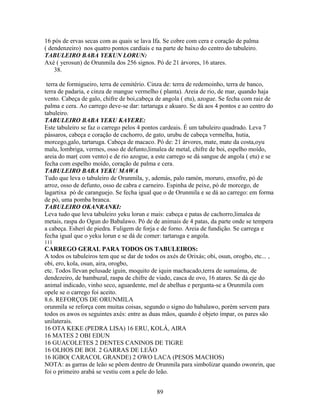 16 pós de ervas secas com as quais se lava Ifa. Se cobre com cera e coração de palma
( dendenzeiro) nos quatro pontos cardiais e na parte de baixo do centro do tabuleiro.
TABULEIRO BABA YEKUN LORUN:
Axé ( yerosun) de Orunmila dos 256 signos. Pó de 21 árvores, 16 atares.
38.
terra de formigueiro, terra de cemitério. Cinza de: terra de redemoinho, terra de banco,
terra de padaria, e cinza de mangue vermelho ( planta). Areia de rio, de mar, quando haja
vento. Cabeça de galo, chifre de boi,cabeça de angola ( etu), azogue. Se fecha com raiz de
palma e cera. Ao carrego deve-se dar: tartaruga e akuaro. Se dá aos 4 pontos e ao centro do
tabuleiro.
TABULEIRO BABA YEKU KAYERE:
Este tabuleiro se faz o carrego pelos 4 pontos cardeais. É um tabuleiro quadrado. Leva 7
pássaros, cabeça e coração de cachorro, de gato, urubu de cabeça vermelha, hutia,
morcego,galo, tartaruga. Cabeça de macaco. Pó de: 21 árvores, mate, mate da costa,oyu
malu, lombriga, vermes, osso de defunto,limalea de metal, chifre de boi, espelho moído,
areia do mar( com vento) e de rio azogue, a este carrego se dá sangue de angola ( etu) e se
fecha com espelho moído, coração de palma e cera.
TABULEIRO BABA YEKU MAWA
Tudo que leva o tabuleiro de Orunmila, y, además, palo ramón, moruro, enxofre, pó de
arroz, osso de defunto, osso de cabra e carneiro. Espinha de peixe, pó de morcego, de
lagartixa pó de caranguejo. Se fecha igual que o de Orunmila e se dá ao carrego: em forma
de pó, uma pomba branca.
TABULEIRO OKANRANKI:
Leva tudo que leva tabuleiro yeku lorun e mais: cabeça e patas de cachorro,limalea de
metais, raspa do Ogun do Babalawo. Pó de de animais de 4 patas, da parte onde se tempera
a cabeça. Esherí de piedra. Fuligem de forja e de forno. Areia de fundição. Se carrega e
fecha igual que o yeku lorun e se dá de comer: tartaruga e angola.
111
CARREGO GERAL PARA TODOS OS TABULEIROS:
A todos os tabuleiros tem que se dar de todos os axés de Orixás; obi, osun, orogbo, etc... ,
obi, ero, kola, osun, aira, orogbo,
etc. Todos llevan pelusade iguin, moquito de iquin machacado,terra de sumaúma, de
dendezeiro, de bambuzal, raspa de chifre de viado, casca de ovo, 16 atares. Se dá eje do
animal indicado, vinho seco, aguardente, mel de abelhas e pergunta-se a Orunmila com
opele se o carrego foi aceito.
8.6. REFORÇOS DE ORUNMILA
orunmila se reforça com muitas coisas, segundo o signo do babalawo, porém servem para
todos os awos os seguintes axés: entre as duas mãos, quando é objeto ímpar, os pares são
unilaterais.
16 OTA KEKE (PEDRA LISA) 16 ERU, KOLÁ, AIRA
16 MATES 2 OBI EDUN
16 GUACOLETES 2 DENTES CANINOS DE TIGRE
16 OLHOS DE BOI. 2 GARRAS DE LEÃO
16 IGBO( CARACOL GRANDE) 2 OWO LACA (PESOS MACHOS)
NOTA: as garras de leão se põem dentro de Orunmila para simbolizar quando owonrin, que
foi o primeiro arabá se vestiu com a pele do leão.
89
 