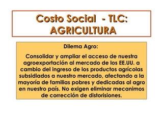 Costo Social  - TLC:  AGRICULTURA Dilema Agro:  Consolidar y ampliar el acceso de nuestra agroexportación al mercado de los EE.UU. a cambio del ingreso de los productos agrícolas subsidiados a nuestro mercado, afectando a la mayoría de familias pobres y dedicadas al agro en nuestro país. No exigen eliminar mecanimos de corrección de distorisiones. 