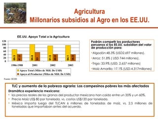 Agricultura  Millonarios subsidios al Agro en los EE.UU.  Fuente: OCDE TLC y aumento de la pobreza agraria: Los campesinos pobres los más afectados Dramática experiencia mexicana:   los precios reales de los granos del productor mexicano han caído entre un 35% y un 60%.  Precio Maíz US$ 80 por tonelada, vs. costos US$120 por tonelada.  México importa luego del TLCAN 6 millones de toneladas de maíz, vs. 2.5 millones de toneladas que importaban antes del acuerdo. Podrán competir los porductores peruanos si los EE.UU. subsidian del valor de producción para:  Algodón:48.3% (USD2,697 millones).  Arroz: 51.8% ( USD 744 millones). Trigo: 33.9% (USD. 2,657 millones) Maíz Amarillo: 17.1% (USD.4,317millones) 