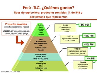 Fuente: MINAG. Abril, 2005  Perú -TLC, ¿Quiénes ganan? Tipos de agricultura, productos sensibles, % del PIB y  del territorio que representan Productos sensibles   ( importancia económica y social) algodón, arroz, aceites, azúcar, carnes, lácteos, maíz y trigo. 
